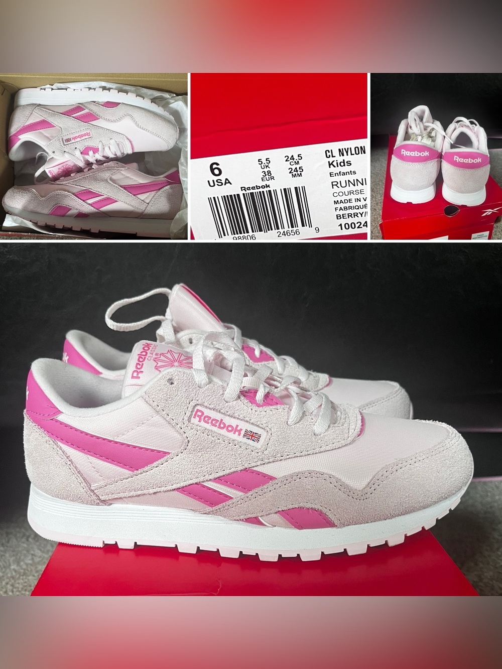 Reebok Kids CL Nylon Sneakers - White & Pink